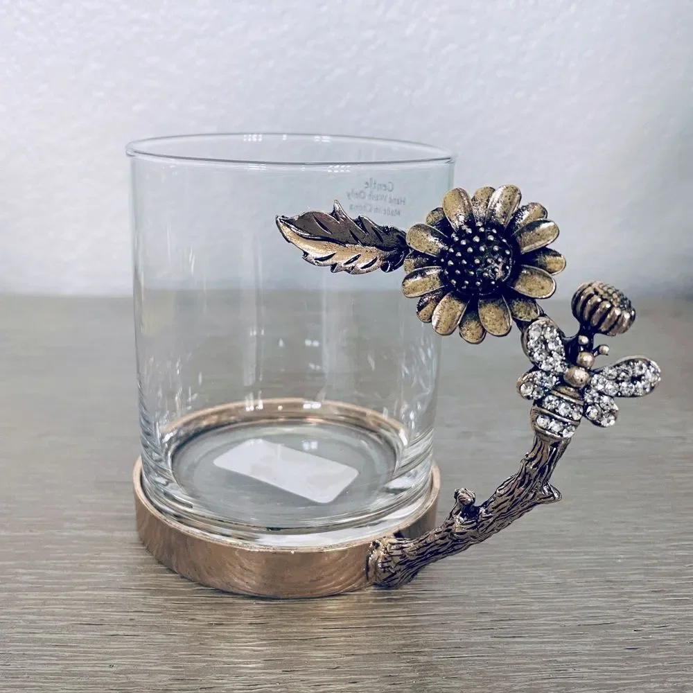 Glass Bronze Crystal Jewel Floral Bee Handle Coffee Mug Cup